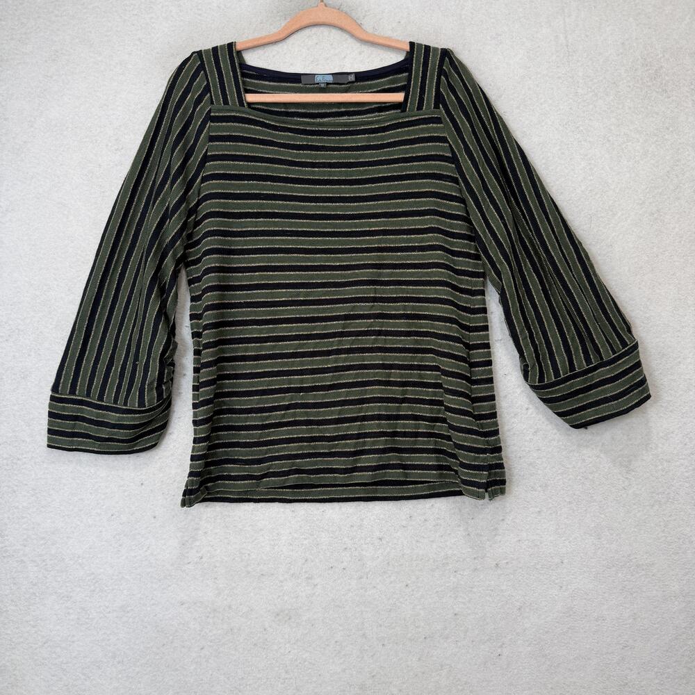 Eva Franco Blouse Womens Medium Green Stripe Square Neck 3/4 Bell Sleeve Knit